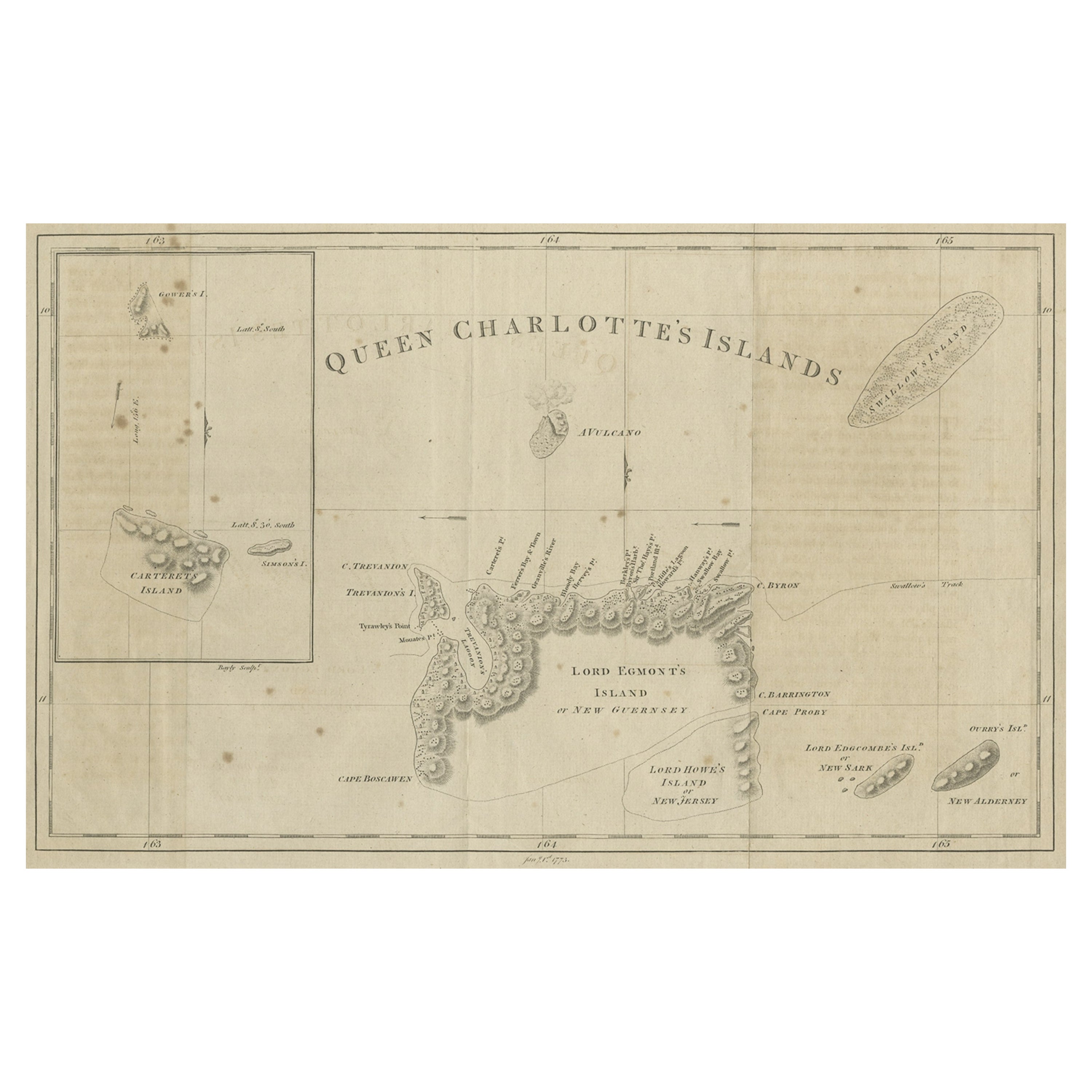 Map of Queen Charlotte's, Carteret's, Simson's and Gower's Islands, Canada, 1773 For Sale