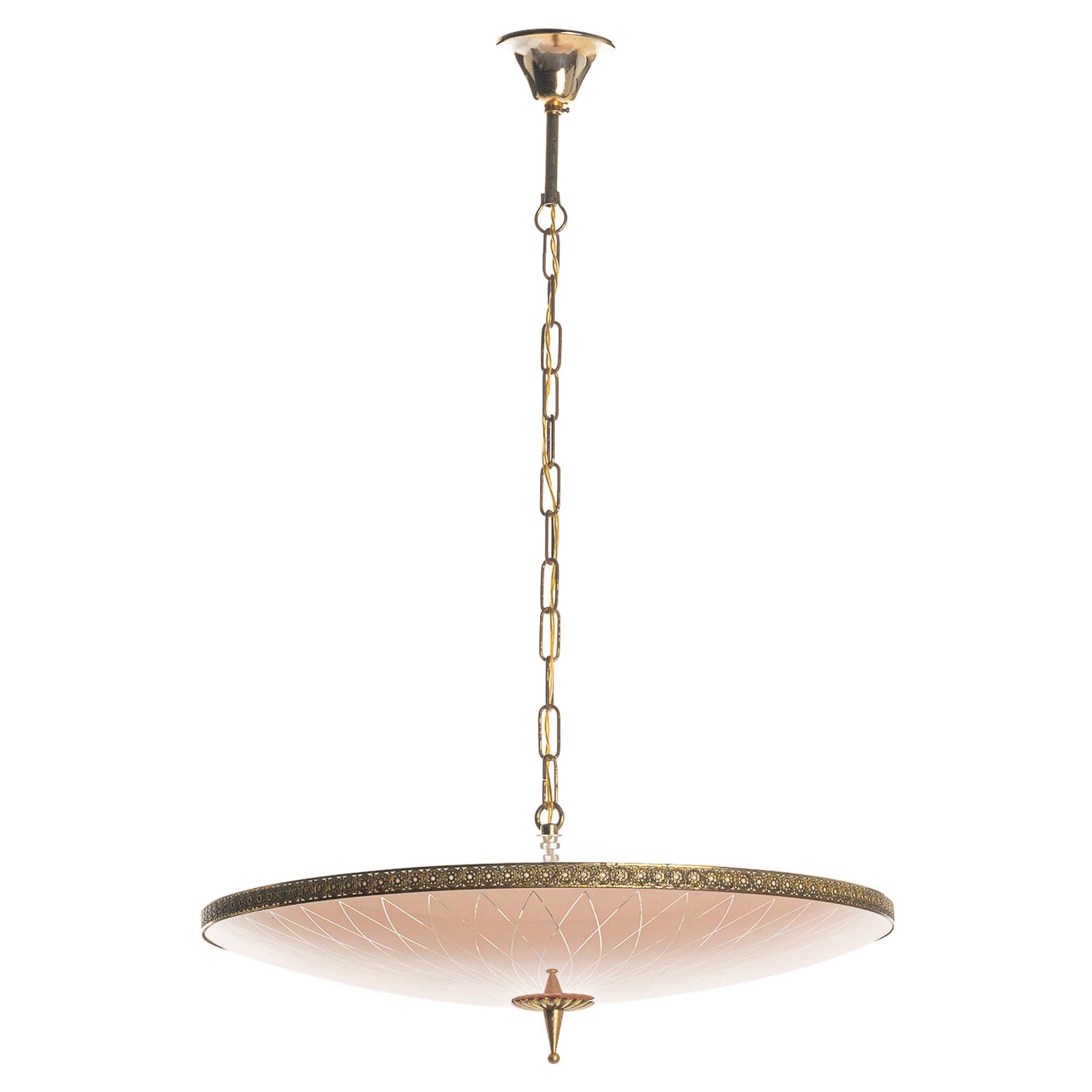 Superbe pendentif en laiton et verre des années 1950 dans le style de Pietro Chiesa
