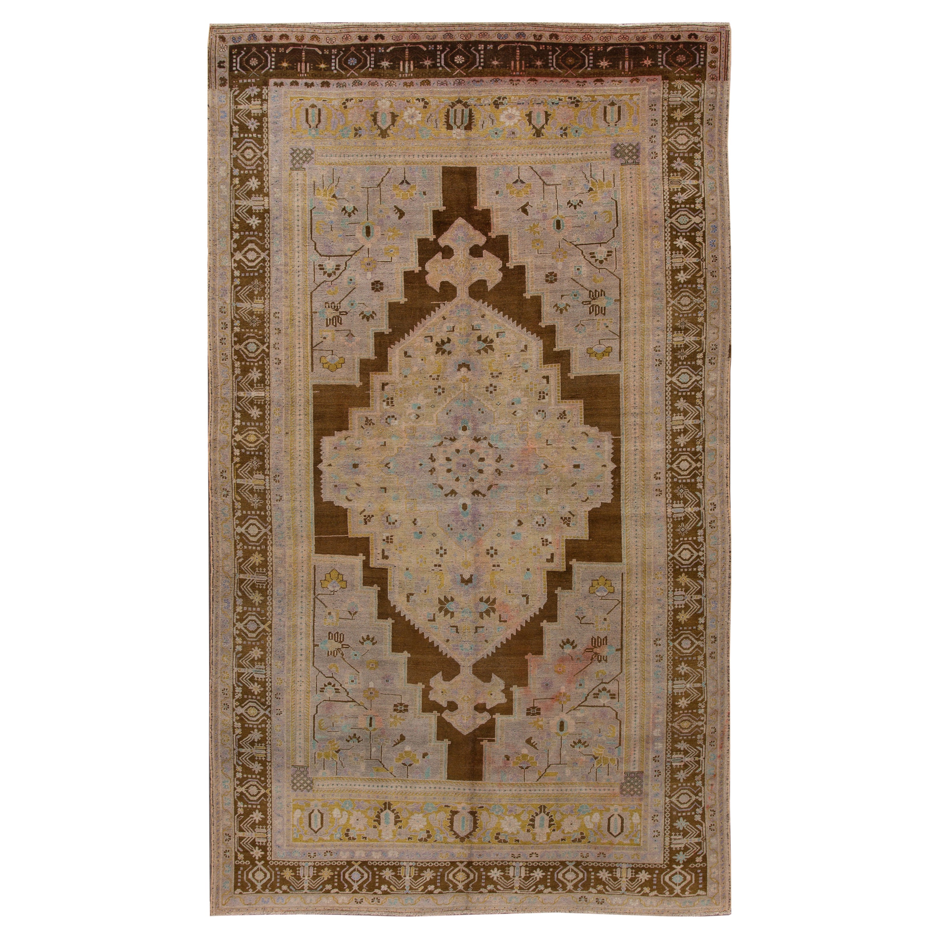 Antique Khotan Handmade Medallion Floral Motif Tan Room Size Wool Rug