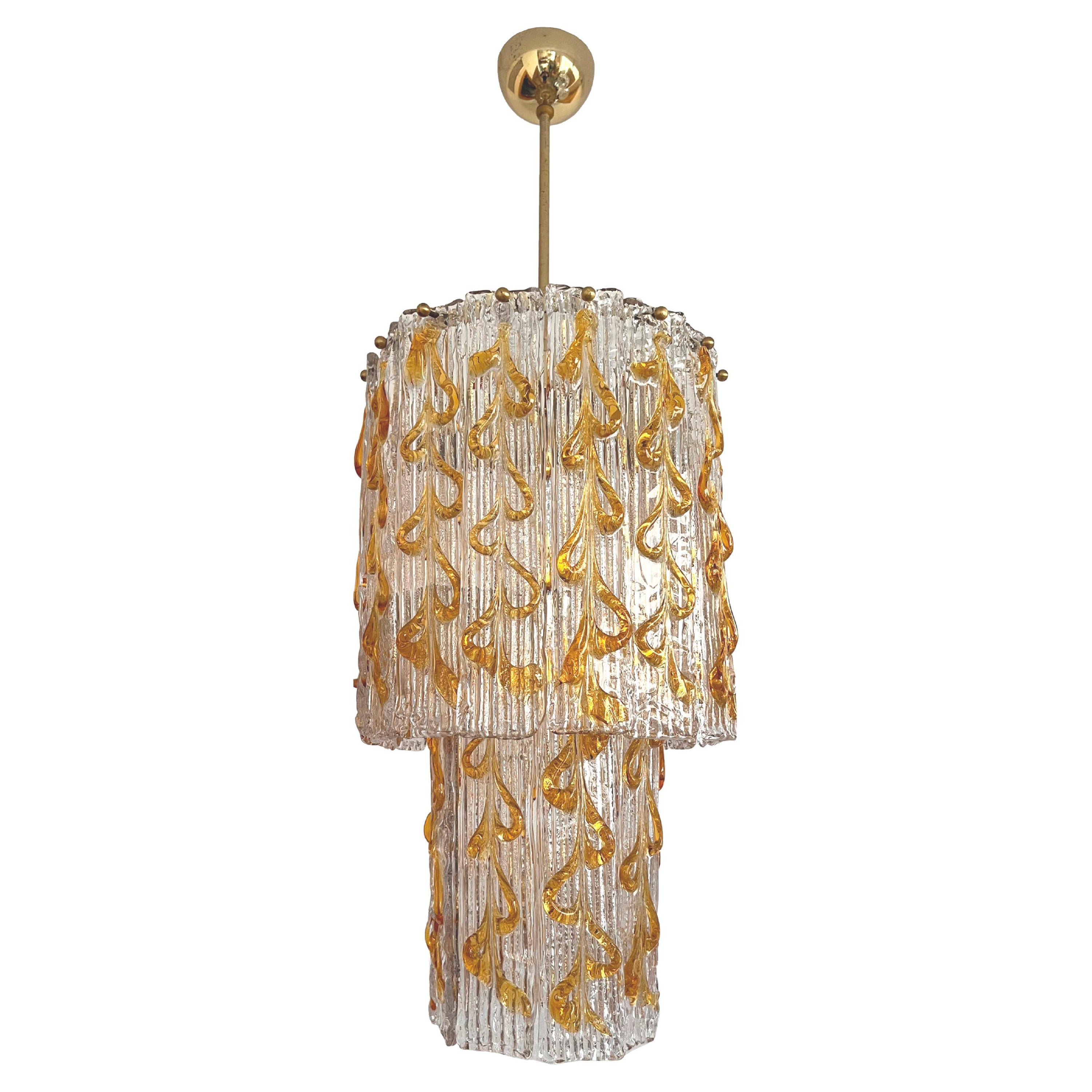 Mid-Century Italian Amber Clear Murano Chandelier from 70s
