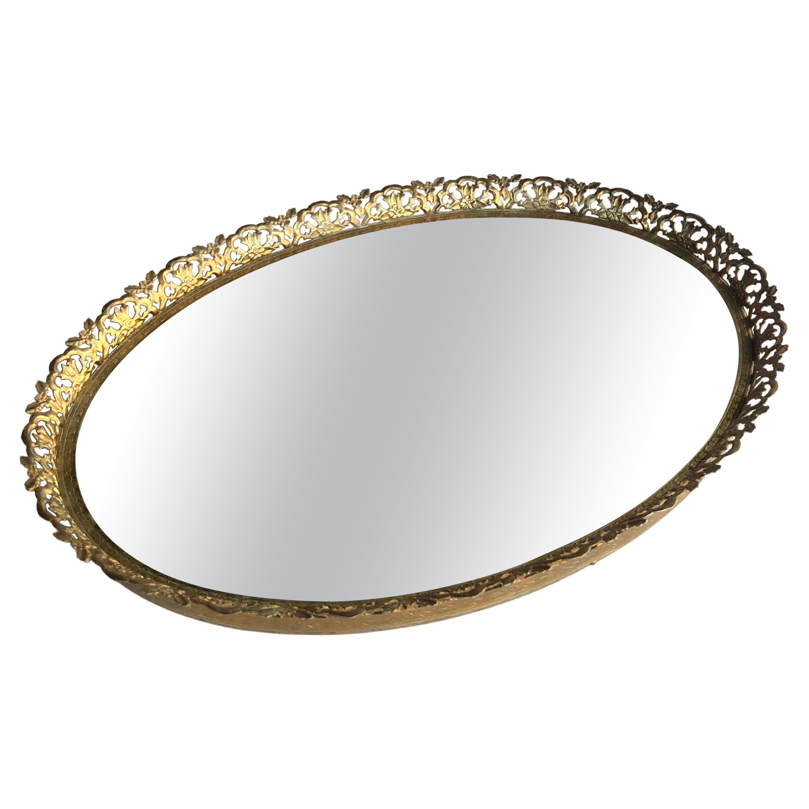 Vintage Small Filigree Oval Brass Vanity Tray with Mirror Inset at