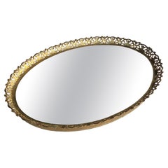 Vintage Small Filigree Oval Brass Vanity Tray with Mirror Inset
