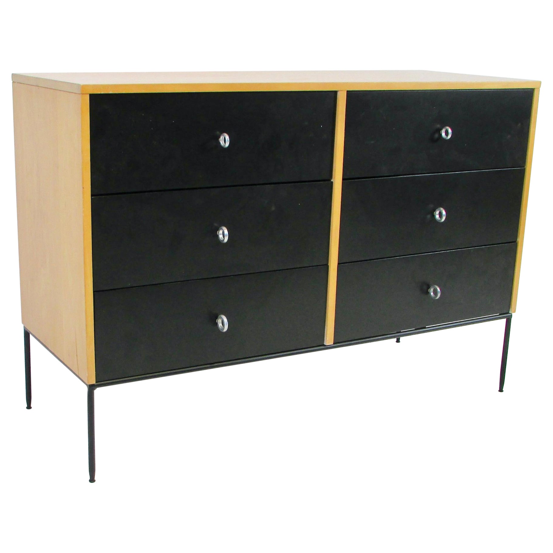 Paul McCobb Planner Group Blonde with Black Drawers Dresser on Wrought Iron Base For Sale