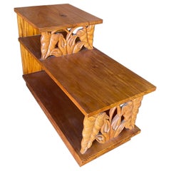 Restored Mid-Century Hand Carved Palm Leaf Koa Wood Side Table