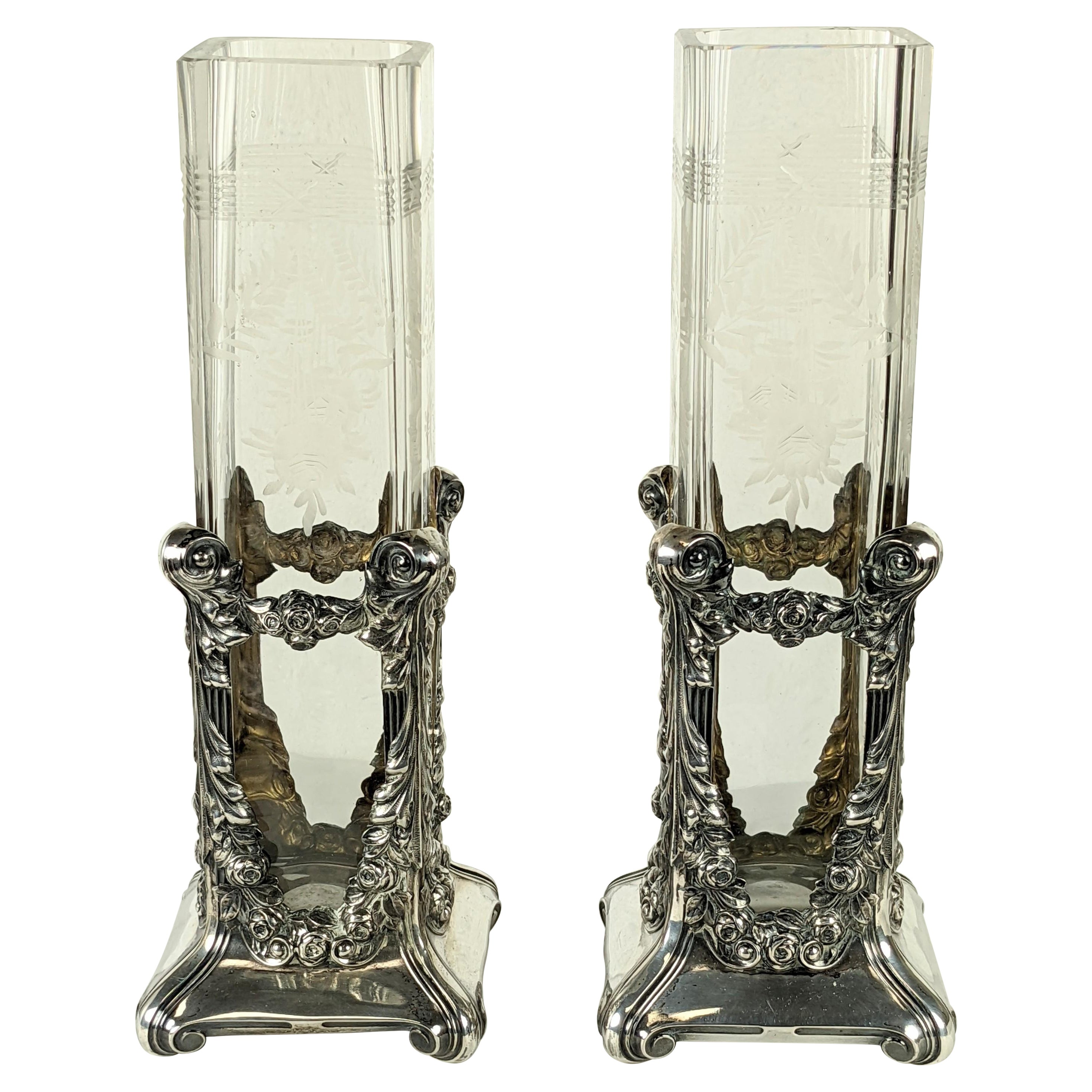 Pair of Edwardian Sterling and Etched Glass Vases