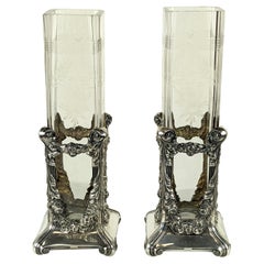 Antique Pair of Edwardian Sterling and Etched Glass Vases