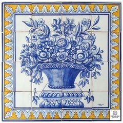 Blue Flower Basket Tile Mural in Pure Clay and Fine Ceramic