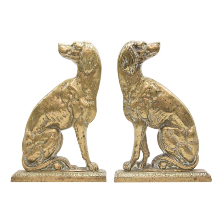 Pair English Brass Fireside Whippet Dogs Sculptures Doorstops Bookends, c. 1880 For Sale