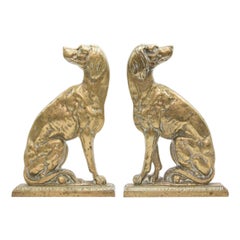 Pair English Brass Fireside Whippet Dogs Sculptures Doorstops Bookends, c. 1880