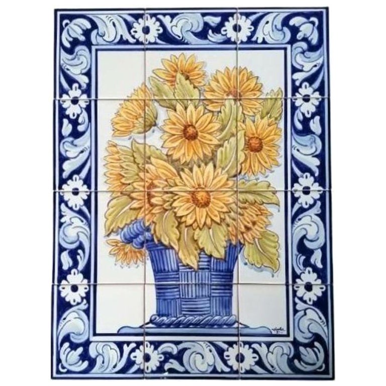 Sunflowers Hand Painted Tile Mural in Pure Clay and Fine Ceramic For Sale  at 1stDibs