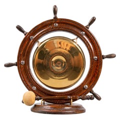 Vintage English Nautical Oak & Brass Table Gong