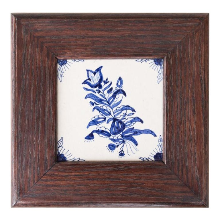 19th Century Dutch Delft Framed Floral Tile For Sale