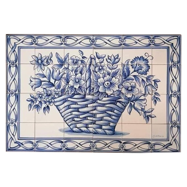 Azulejos Portuguese Hand Painted Tile Panel "Flower Basket" Signed by Artist For Sale