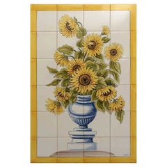 Sunflower Vase Tile Mural in Pure Clay and Fine Ceramic