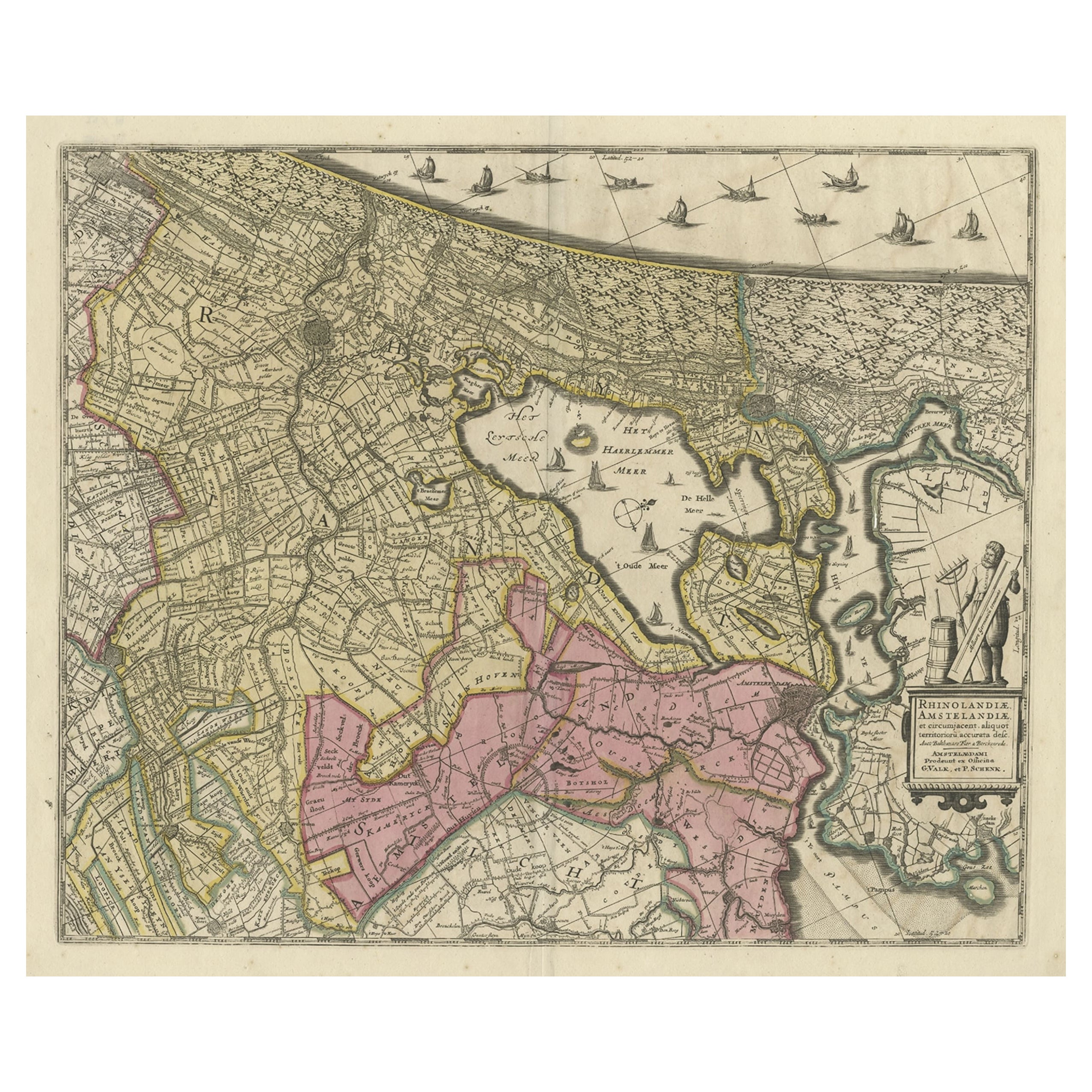 Original Antique Map of the Netherlands Incl Amsterdam, Leiden and Haarlem, 1700