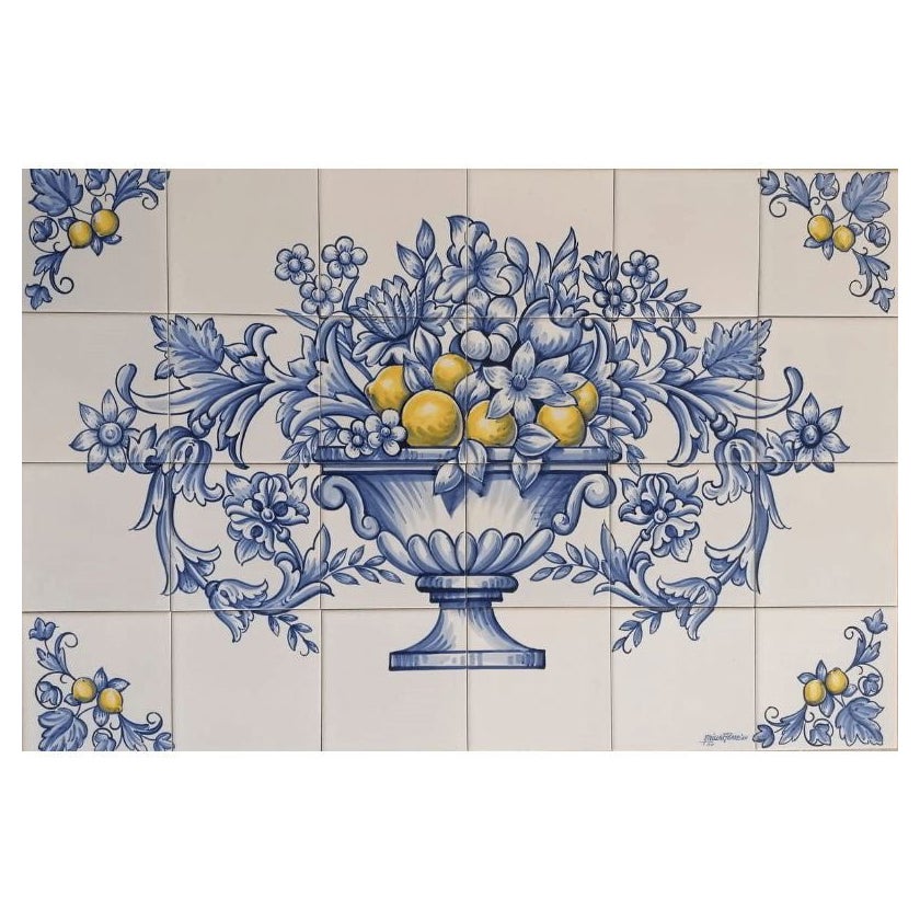 Flowers and Lemons Tile Mural in Pure Clay and Fine Ceramic, Portuguese