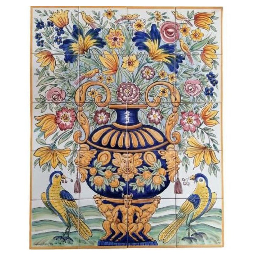 Azulejos Portuguese Hand Painted Tile Panel "Flower Vase" Signed by Artist For Sale