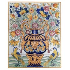 Richly Decorated Flower Vase Tile Mural in Pure Clay and Fine Ceramic