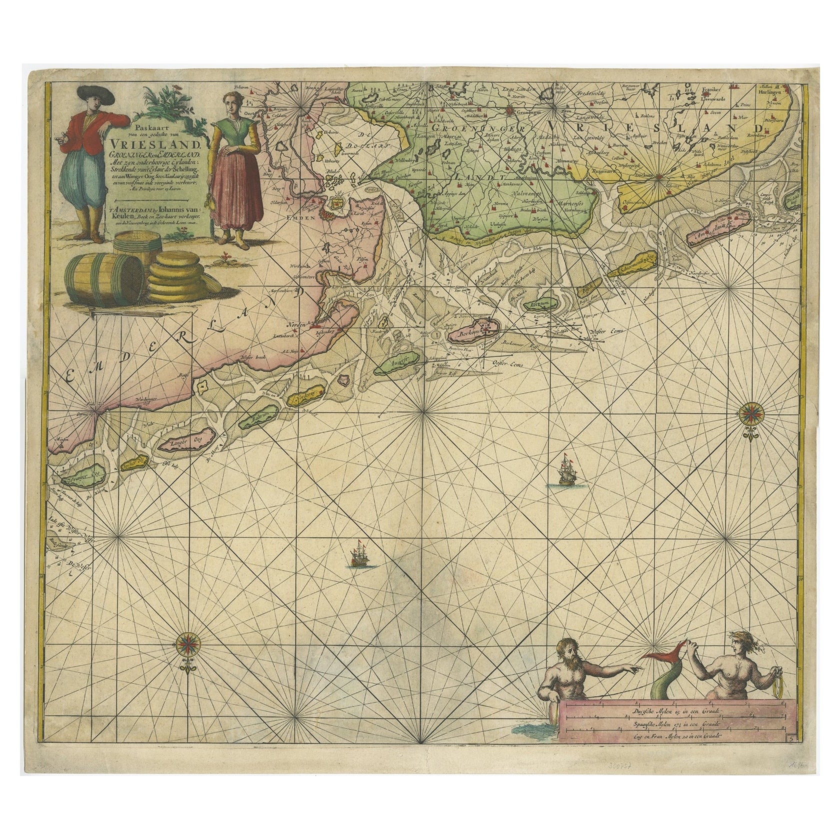 Old Decorative & Highly Detailed Sea Chart of the North Dutch-German Coast, 1681 For Sale