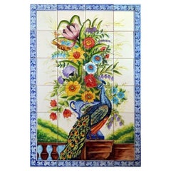 Flowers and Peacock Tile Mural in Pure Clay and Fine Ceramic