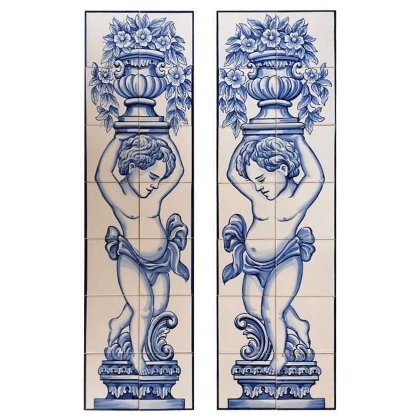 Azulejos Portuguese Ceramic Tiles "Cherub Holding Flower Vase" Signed by Artist For Sale