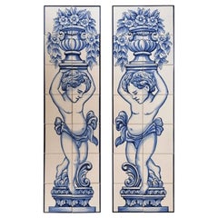 2 Tile Murals of Cherub Holding Flower Vase in Pure Clay and Fine Ceramic