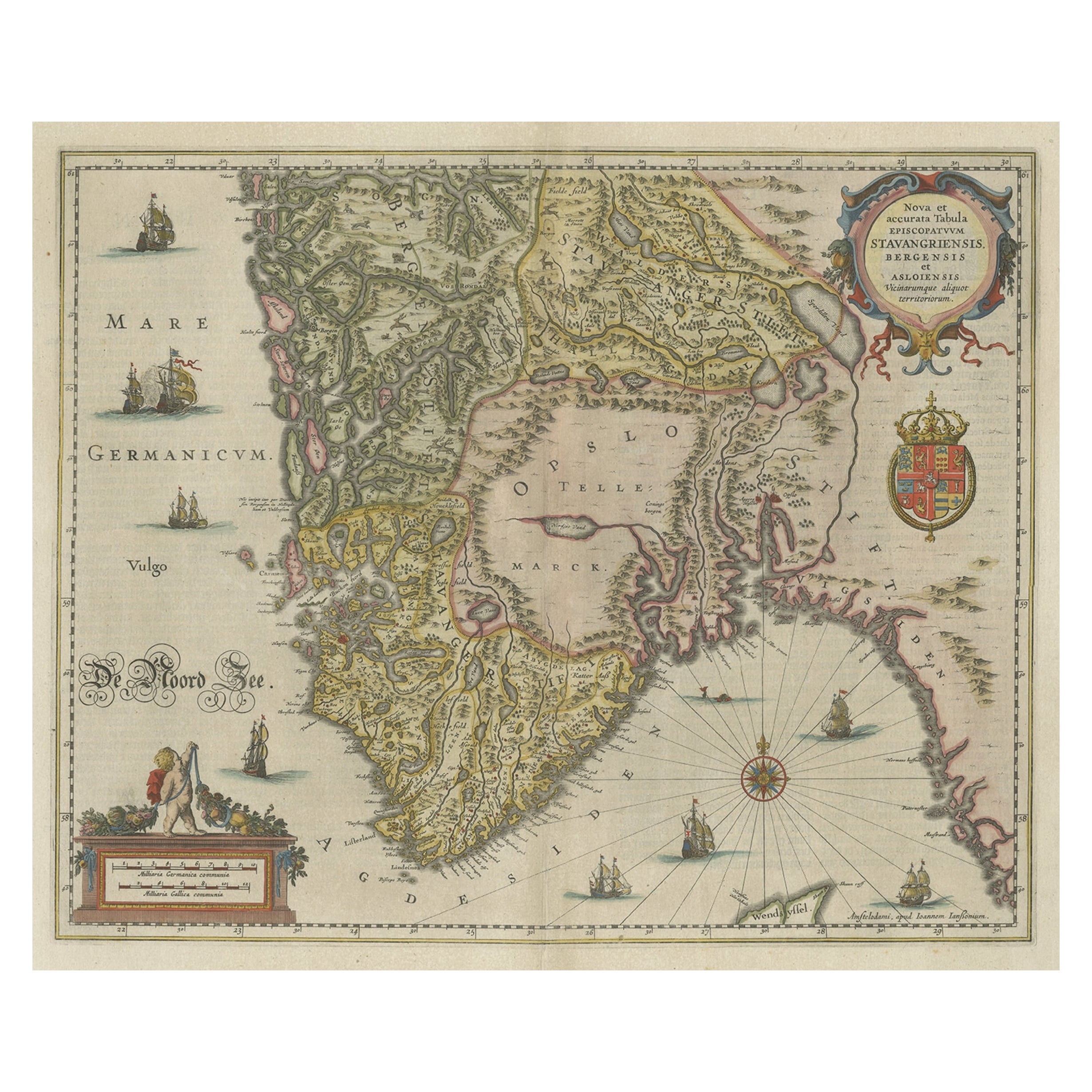 Old Map of The Southern Part of Norway, Covering the Region Around Bergen, c1650 For Sale