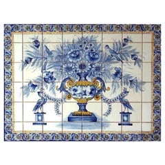 Blue and Yellow Flower Vase Tile Mural in Pure Clay and Fine Ceramic