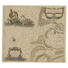 Original Antique Sea Chart of the Maas 'or Meuse' River with Neptunes, 1684