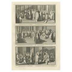 Ancienne estampe de religion montrant six Habits, rituels et cérémonies catholiques romains, 1723