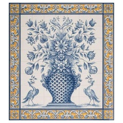 Albarrada Blue Flower Vase Tile Mural in Fine Ceramic, Portuguese Azulejos