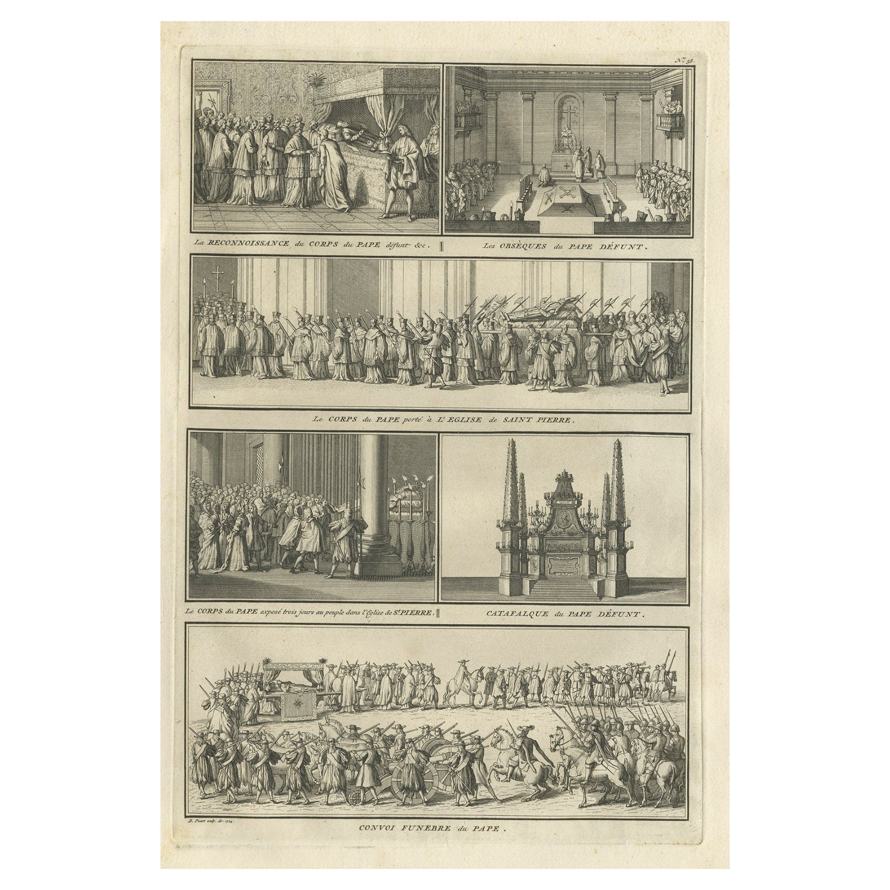 Antique Religion Print Showing Rituals & Ceremonies for the Death of a Pope 1724 For Sale