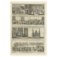 Impression religieuse ancienne montrant les rituels et les cérémonies pour la mort d'un pape 1724