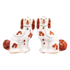 Pair of Large Early 20th Century English Staffordshire Spaniel Dogs Figurines