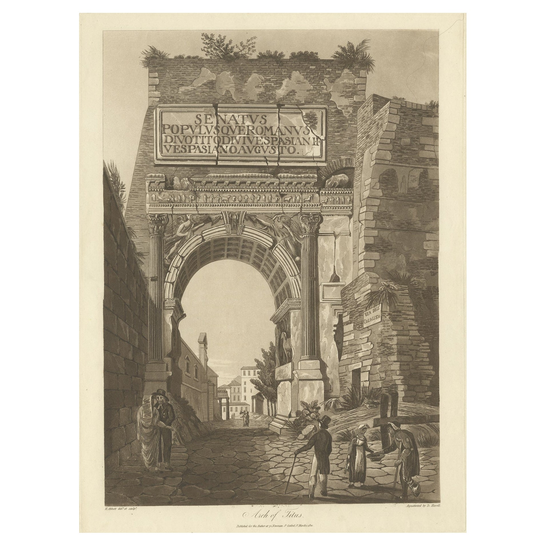 Large Aquatint of the Arch of Titus, Located on the Via Sacra, Rome, Italy, 1820 For Sale