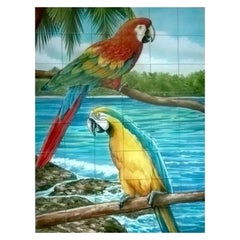Parrots Ceramic Tile Mural, Colourful Hand Painted Wall Tiles, Portuguese Tiles