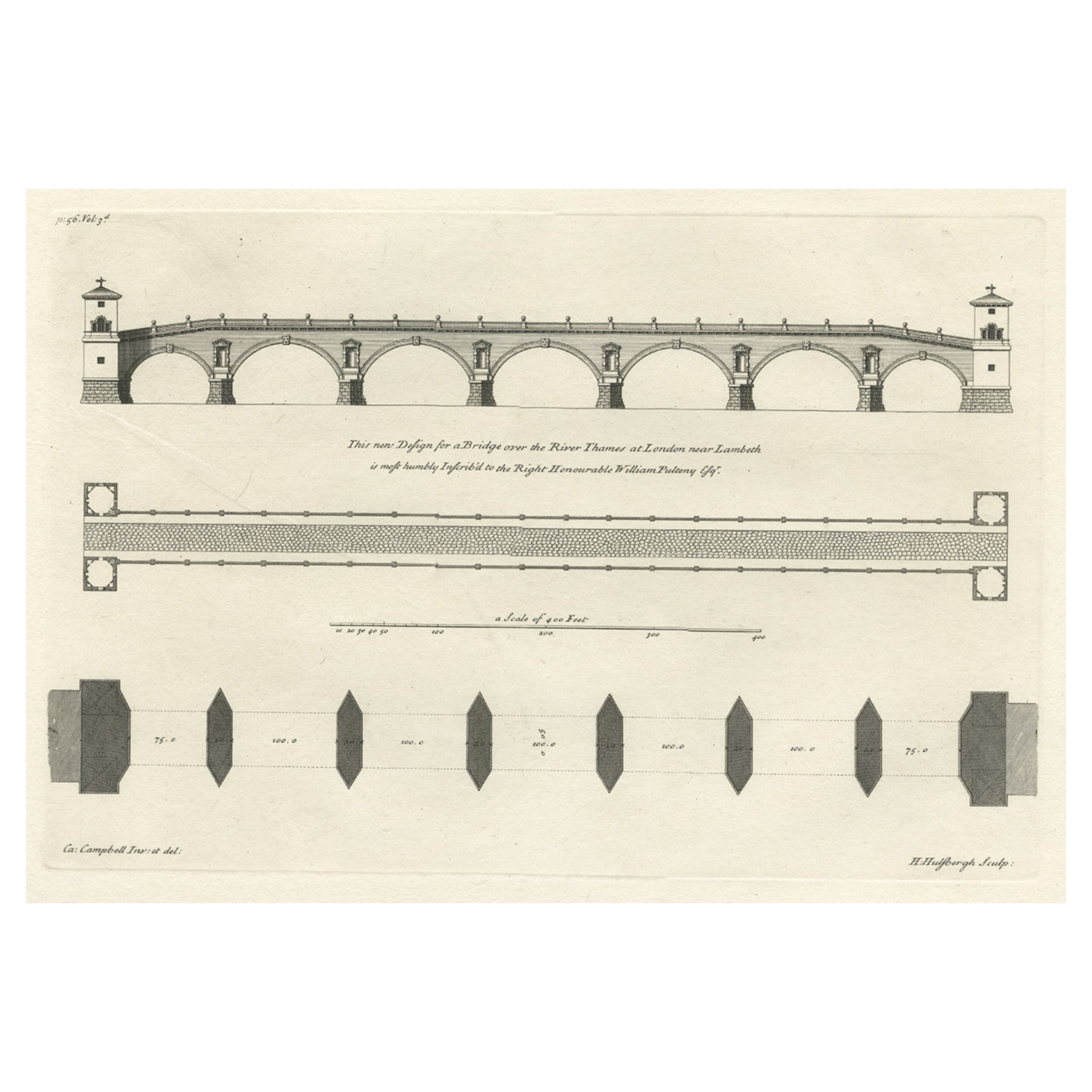 Antique Design for a New Bridge Across the Thames at Westminster, London, 1725 For Sale