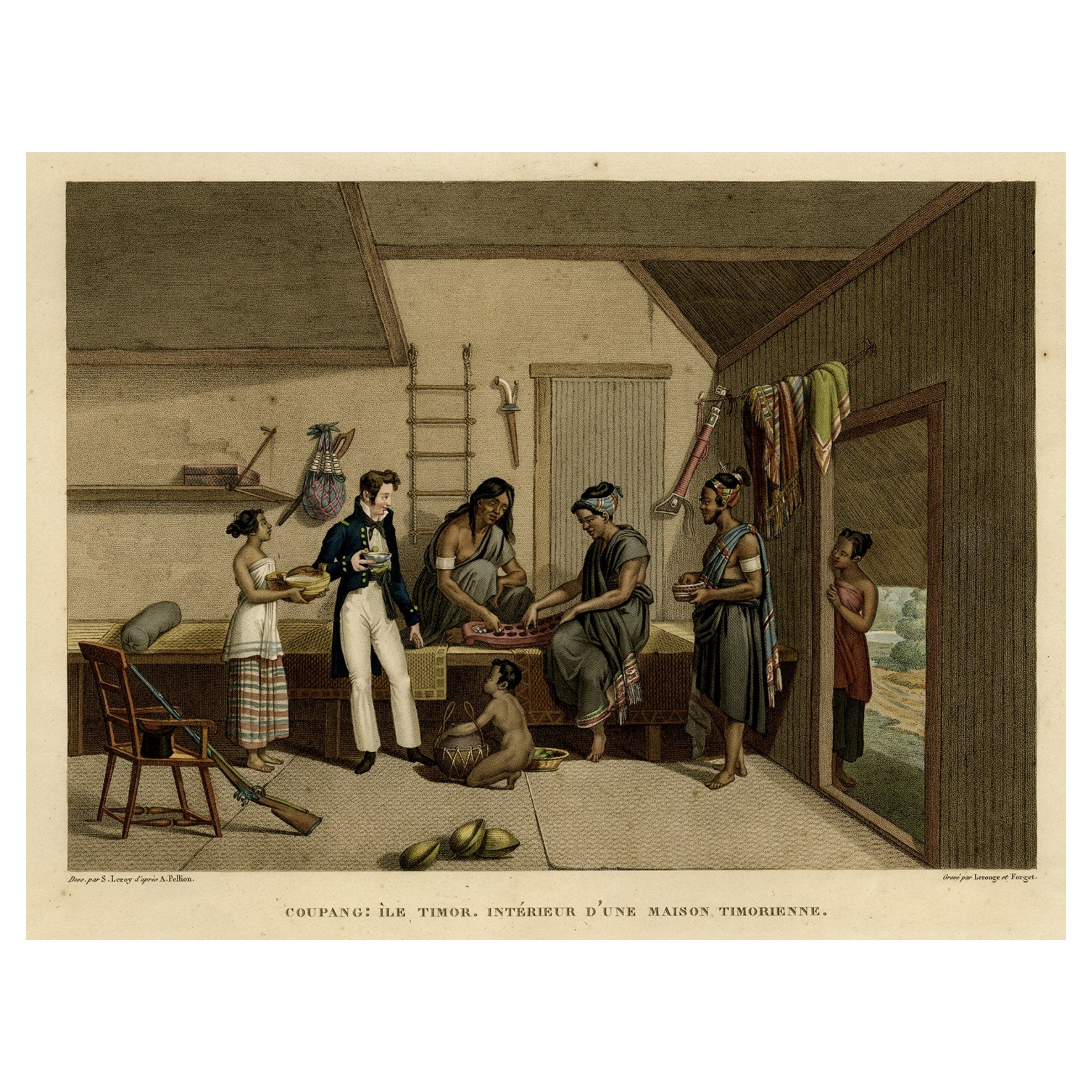 Interior with Native Timorese and an European in Kupang, Indonesia, 1825
