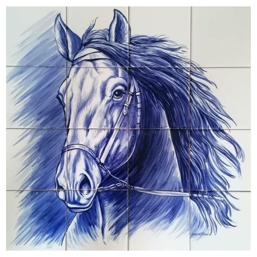 Horse Hand Painted Tile Mural, Decorative Wall Tiles, Portuguese Azulejo Tiles