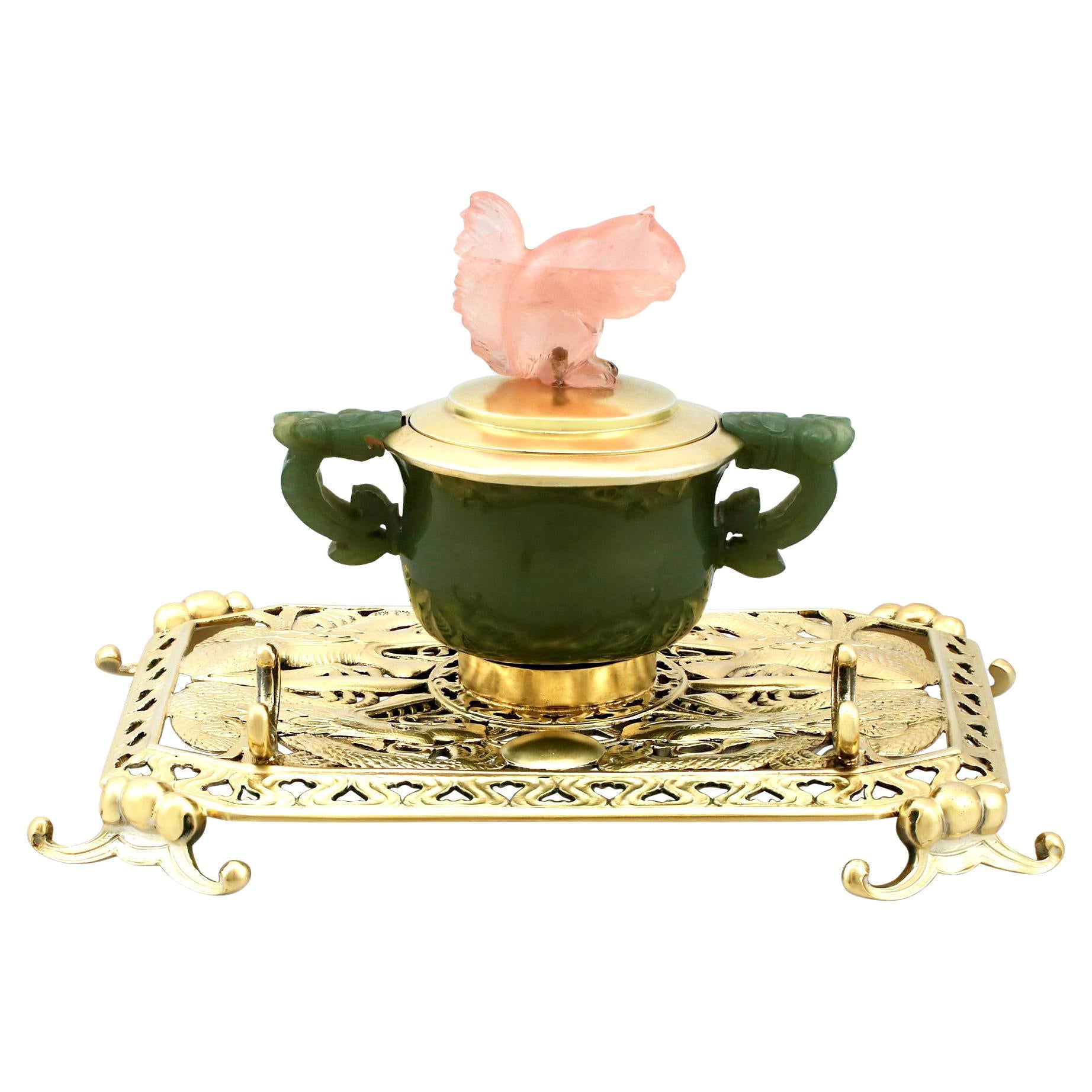 Antique 1926 Sterling Silver Nephrite and Rose Quartz Inkstand For Sale