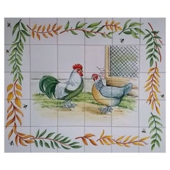 Kitchen Hand Painted Tiles with Rooster and Chicken, Decorative Wall Tiles