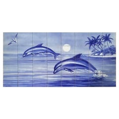 Dolphins Jumping Hand Painted Tile Mural, Decorative Ceramic Wall Tiles