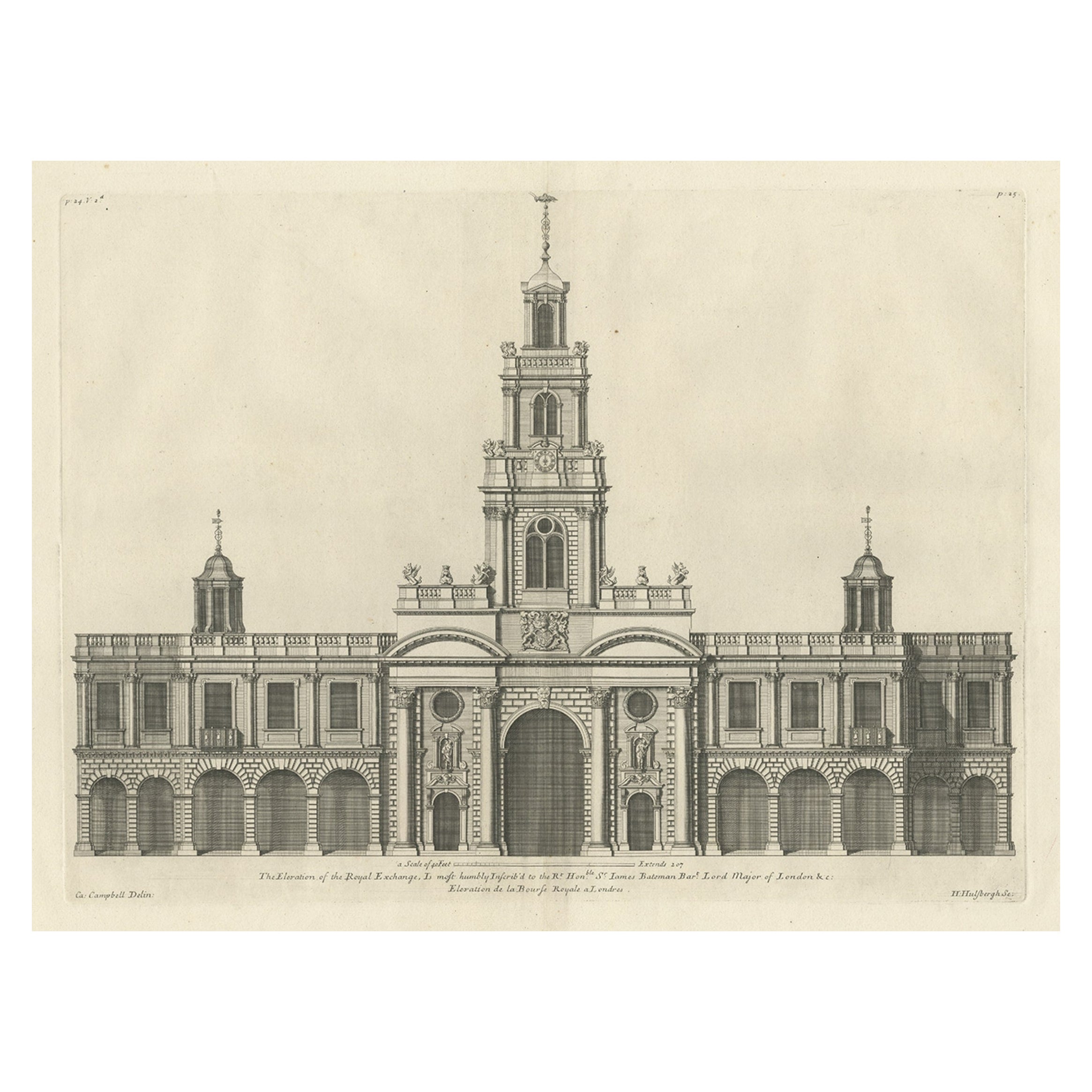 Engraving of the Entrance Facade of the Royal Exchange, Cornhill, London, 1725 For Sale