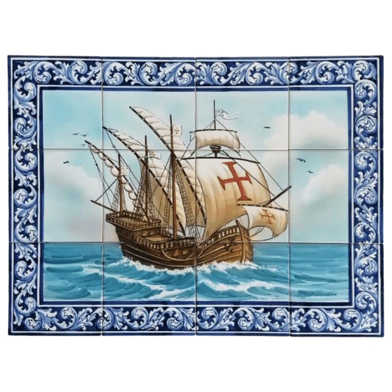 Portuguese Azulejos Hand Painted Tile Mural "Sailing Ship" Signed by