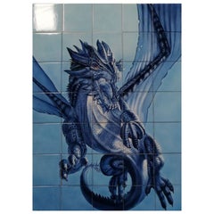 Portuguese Azulejos Hand Painted Ceramic Tile Mural "Dragon" Signed by Artist 