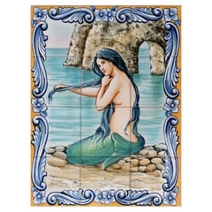 Mermaid Hand Painted Tile Mural, Decorative Ceramic Wall Tiles, Portuguese Tiles