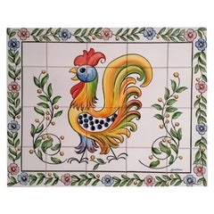 Portuguese Azulejos Hand Painted Ceramic Tile Mural "Rooster" Signed by Artist