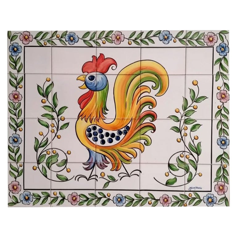 Rooster Hand Painted Tile Mural, Colourful Wall Tiles, Portuguese Azulejo Tiles For Sale