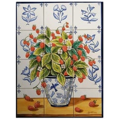 Portuguese Azulejos Hand Painted Tile Mural "Raspberries" Signed by Artist 