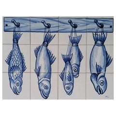 Portuguese Azulejos Hand Painted Tile Mural "Hanging Fish" Signed by Artist 